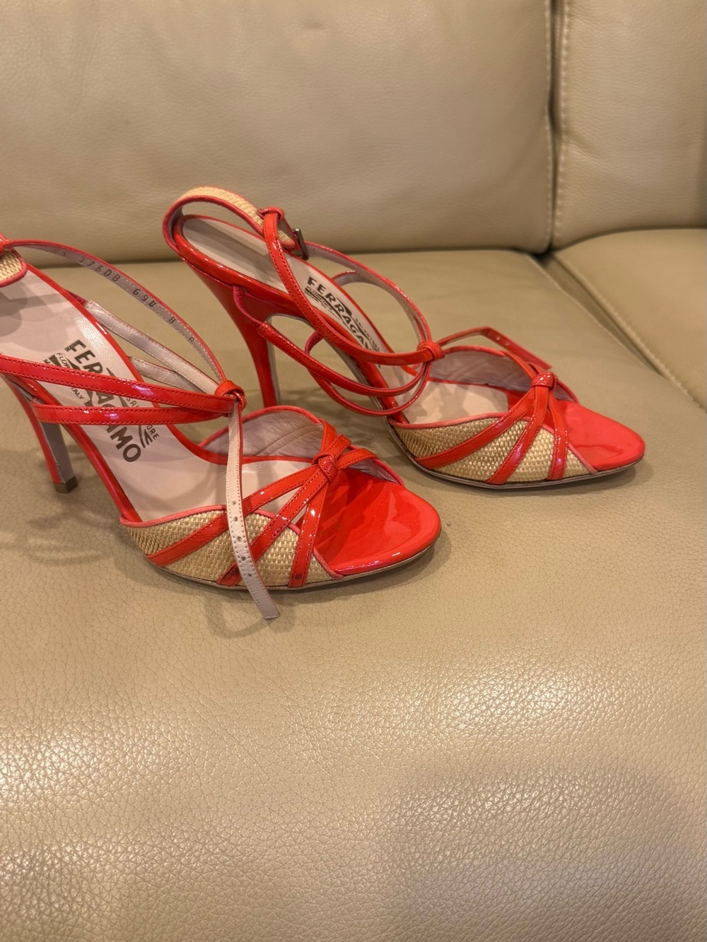 Salvatore Ferragamo Red Patent & Natural Woven Strappy Heels - Picture 7 of 8